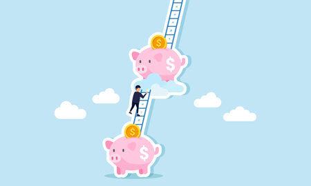 A businessman climbing a ladder connected to a piggy bank, illustration of step-by-step investing or applying a dollar cost averaging investment strategyのイラスト素材