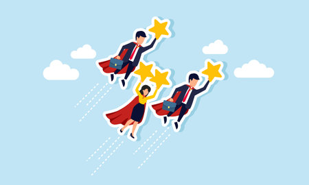 A group of super businessmen is flying in the sky carrying stars, illustrating the results of collaboration in achieving business ratingsのイラスト素材