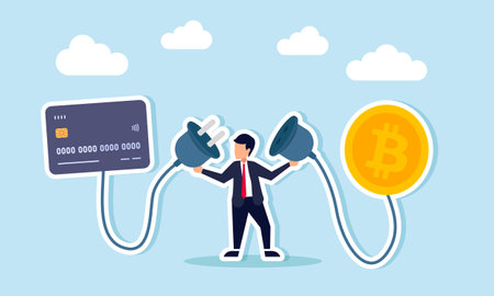 A businessman is holding a power plug with each end connected to a debit card and a bitcoin, illustrating the liquidation of profits from bitcoin salesのイラスト素材