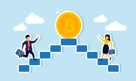 A businessman and businesswoman compete to reach the top of the ladder first to obtain bitcoin, illustrating the rivalry for bitcoin asset ownershipのイラスト素材
