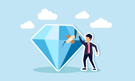 A businessman finishing repairs on a cracked diamond using medical tape, illustration of recovery of wealth assets that experienced a declineのイラスト素材