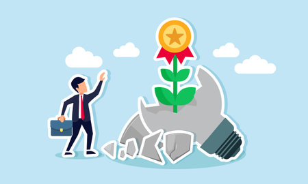 A businessman is pleased with the growth of award medals sprouting from a broken lamp, illustration of Achievement from strategies based on old, unused ideas and innovationsのイラスト素材