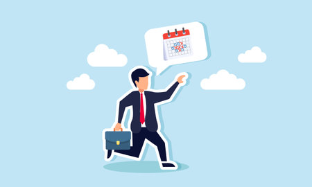 A businessman runs while discussing a schedule calendar, illustration of catching up on business projects according to the timeline scheduleのイラスト素材