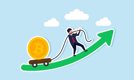 A businessman pulls a cart loaded with bitcoin up a rising green graph, illustration of effort and hard work to grow bitcoin investmentsのイラスト素材