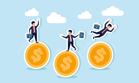 Businesspeople balancing on dollar coins, some slipping, illustration of efforts to maintain financial stability in investments to avoid lossesのイラスト素材