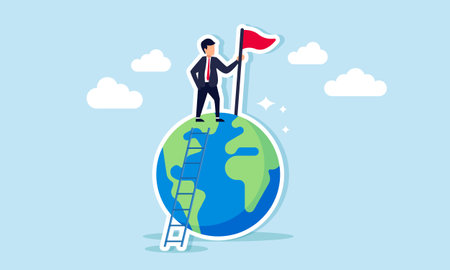 A businessman standing on a globe with a ladder, holding a red flag, illustration of striving to be the best in his fieldのイラスト素材
