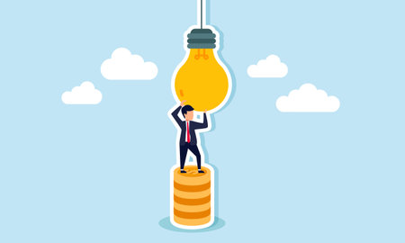 A businessman climbing a stack of coins as a step to fix a lamp, illustration of costs involved in acquiring and implementing business ideasのイラスト素材