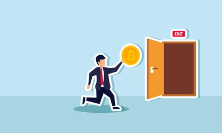 A businessman running toward the exit while holding bitcoin, illustration of selling bitcoin investment assets to gain profitのイラスト素材
