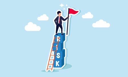 A businessman standing on a stack of boxes labeled RISK with a ladder, holding a red flag, illustration of success in business by taking risks to achieve significant profitsのイラスト素材