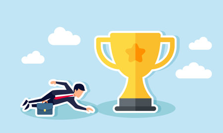 A businessman struggles, even crawling, to reach a trophy, illustration of working hard to earn recognition and awards from the marketのイラスト素材