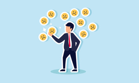 A businessman surrounded by sad emoticons, holding one of them, illustration of awareness regarding negative market attention on the businessのイラスト素材