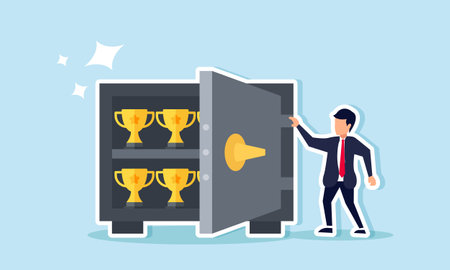 A businessman standing next to a safe filled with trophies, illustration of maintaining the title of best businessのイラスト素材