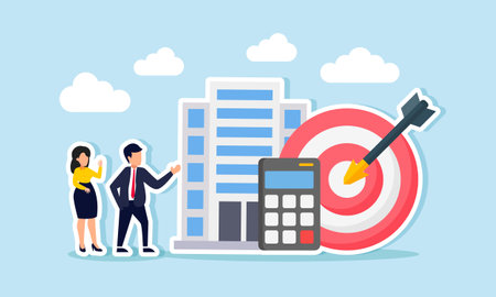 A business people standing next to an office building, target board, and calculator, illustration of explaining business performance to investors regarding business targets and financialのイラスト素材