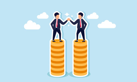 Two businessmen shaking hands on a stack of coins, illustration of an agreement between investors to invest in a profitable and attractive businessのイラスト素材