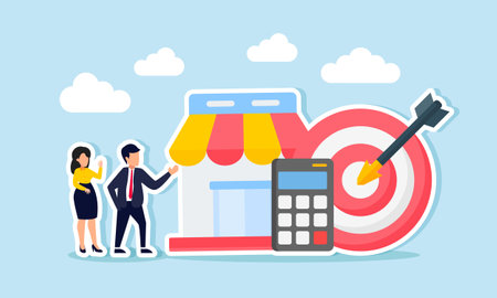 A businessman and businesswoman standing next to a store, target board, and calculator, illustration...