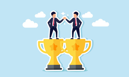 Two businessmen shaking hands on top of two trophies, illustration of partnership agreement between partners to become the top businessのイラスト素材
