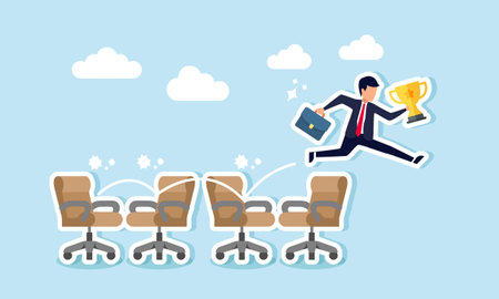 A businessman is jumping over a series of office chairs while holding a trophy, illustrating a step-by-step process in building the best business in his fieldのイラスト素材