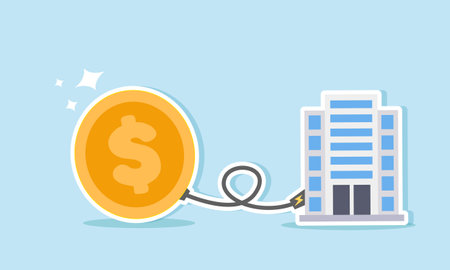 A company building is connected by power cables from dollar coins, illustrating how stable capital and finances can lead to a stable, resilient, and thriving businessのイラスト素材