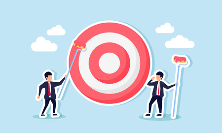 Two businessmen hold paintbrushes, coloring or updating a target board, illustrating evaluation and upgrades of business targets to maintain good performanceのイラスト素材