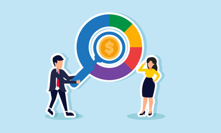 A businessman with a magnifying glass examining a circle diagram marked with a dollar coin next to a businesswoman, illustrating analysis of business revenue growthのイラスト素材