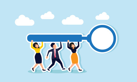 A business group or joint venture collaborating to lift a magnifying glass, illustration of joint venture efforts to investigate and find solutions to business problemsのイラスト素材