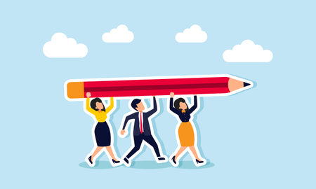 A business group or joint venture working together to lift a pencil, illustration of joint venture in designing a collaborative business system modelのイラスト素材