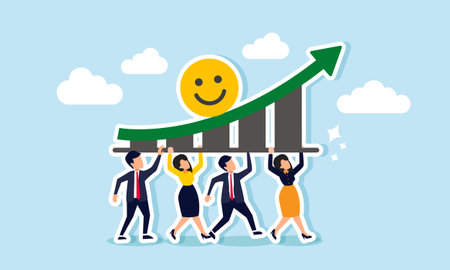 A business group or joint venture working together to lift an upward chart featuring a smiley emoticon, illustration of joint venture to boost business engagement with target marketのイラスト素材
