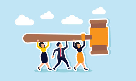 A business group or joint venture working together to lift a gavel, illustration of a joint venture aiming to uphold law on business issues encounteredのイラスト素材