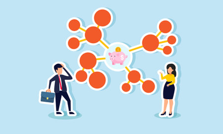 A businessman and businesswoman feel confused by a network centered around a piggy bank, illustration of the complexity of making business investmentsのイラスト素材