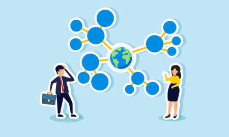 A businessman and businesswoman feel confused by a network centered around a globe, illustration of the complexity of implementing emerging business trends in the target marketのイラスト素材