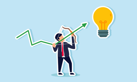 A businessman tries to shoot a light bulb with a green arrow graph, illustration of targeting new ideas and business innovationのイラスト素材