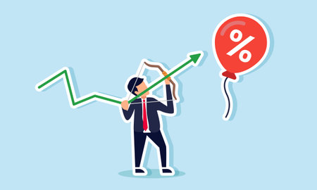 businessman aiming at a discount balloon using a green chart, illustration of marketing strategy targeting discounts and price promotionsのイラスト素材