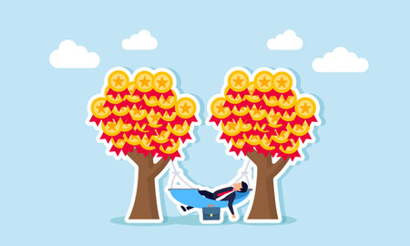 A businessman relaxes in a hammock tied to two award medal trees, illustration of enjoying business performance with numerous awards for achievementsのイラスト素材