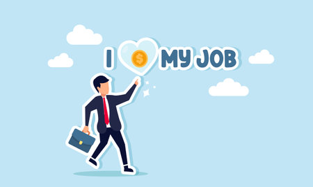 A happy businessman pointing to a love sign filled with dollar coins on the text I LOVE MY JOB, illustration of loving work based on moneyのイラスト素材