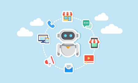 An AI robot surrounded by items related to business marketing management, illustration of using AI for business management effectiveness and efficiencyのイラスト素材
