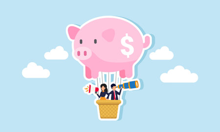 A businessman use telescope and another speaking through a megaphone while ride a hot air balloon shaped like a piggy bank, illustration of monitor and educate investmentのイラスト素材