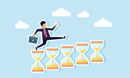 A businessman runs and leaps over a row of hourglasses, illustration of being chased by time to complete multiple business projects simultaneouslyのイラスト素材