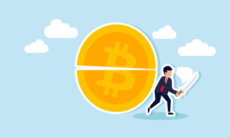 businessman slicing a bitcoin in half with a samurai sword, illustration of a chain split to make bitcoin valuation more affordableのイラスト素材