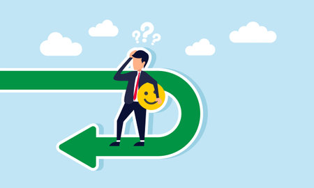 A businessman holds a happy emoticon standing on a U-turn, looking confused, illustration of market engagement statistics suddenly droppingのイラスト素材