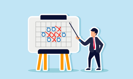 A businessman stands beside a time schedule board, holding a stick and explaining it, illustration of explaining the time schedule to the business teamのイラスト素材