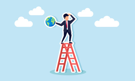 A businessman stands on a ladder holding a globe, observing something, illustration of monitoring global business trendsのイラスト素材