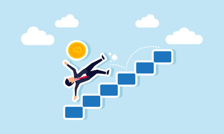 A businessman slips and falls from a ladder along with bitcoin, illustration of a declining bitcoin valuationのイラスト素材
