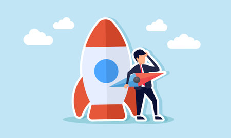 A businessman holding a compass needle stands beside a rocket, illustration of confusion in determining the direction of startup business policyのイラスト素材