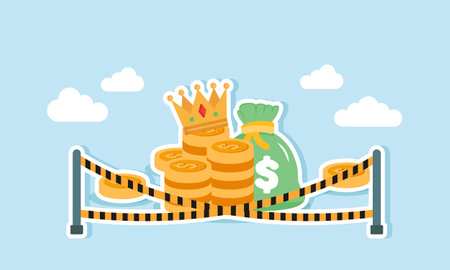 Stacks of money, a money bag, and a crown isolated and restricted by danger warning lines, illustration of assets seized due to a business corruption caseのイラスト素材