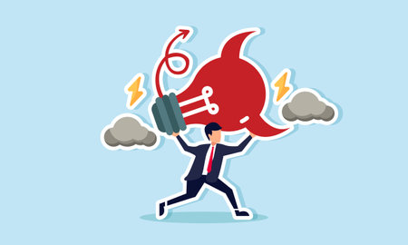 A businessman running away with a devil-shaped lamp surrounded by dark clouds and lightning, illustration of discarding bad ideas and intentions in businessのイラスト素材