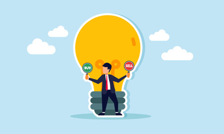 A businessman holding BUY and SELL boards stands in front of a lamp, illustration of choosing between BUY or SELL business ideas and innovationsのイラスト素材