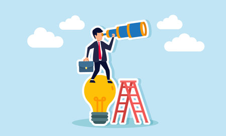 A businessman uses a telescope from atop a lamp, illustration of analyzing and observing business idea trends currently growingのイラスト素材