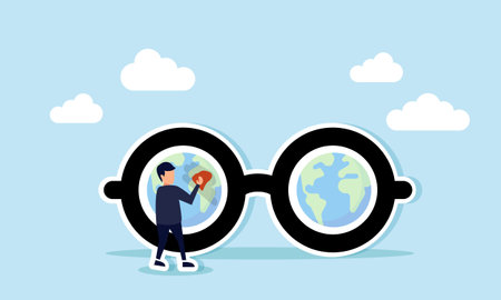 A businessman cleans glasses showing a globe on the lenses with a cloth, illustration of maintaining...
