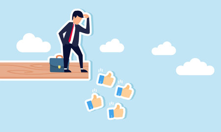 A businessman observes thumbs falling from the edge of a board, illustration of monitoring and overseeing the decline in market attention for businessのイラスト素材