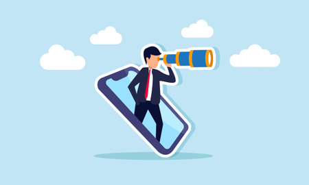 A businessman peering through a smartphone, illustration of a platform for analyzing a business problemのイラスト素材